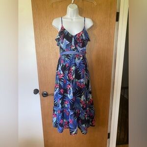 Tropical Floral Midi Dress - Black and Pink